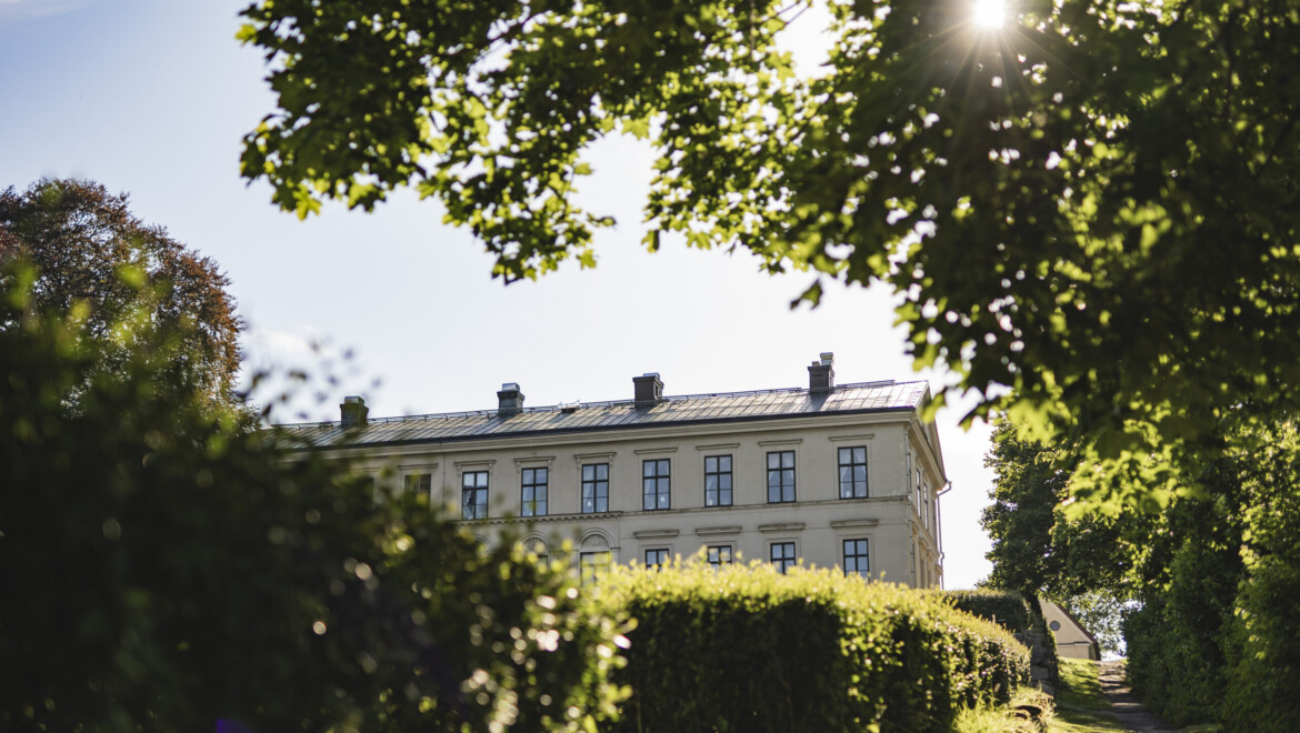 Vit herrgård i motljus på liten höjd, omgiven av buskar och träd.