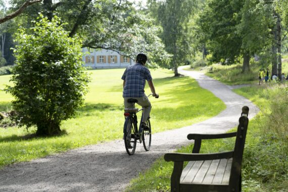 En äldre man cyklar på en grusväg som kantas av träd och gräsmattor.