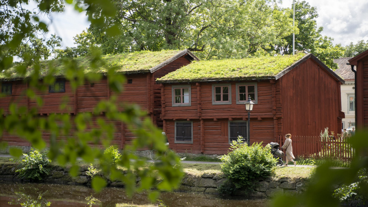 Röda timmerstugor med gräsbeklädda tak. En tjej med barnvagn går förbi nedanför stugorna.