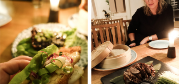 Två bilder på asiatisk mat och ett dukat bord med bambutallrik och en person vid bordet.