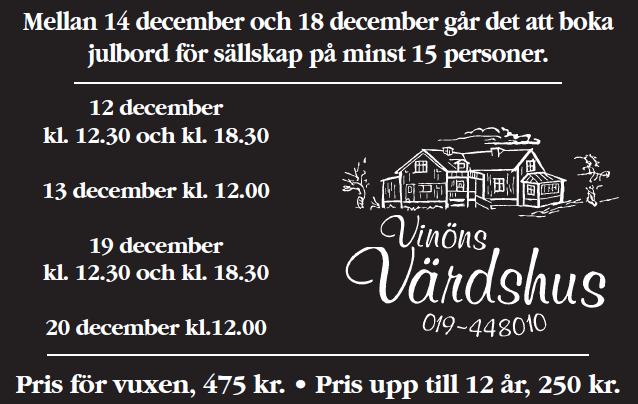Information om julbord för större sällskap på Vinöns värdshus.