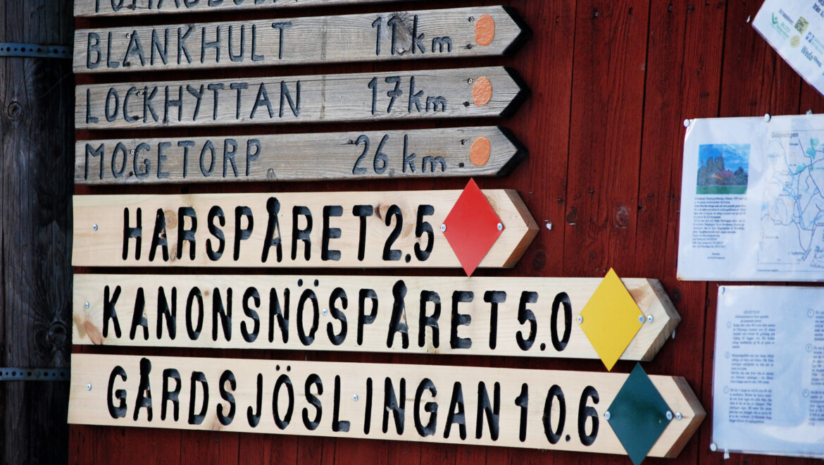 Träskyltar med information om skidspår.