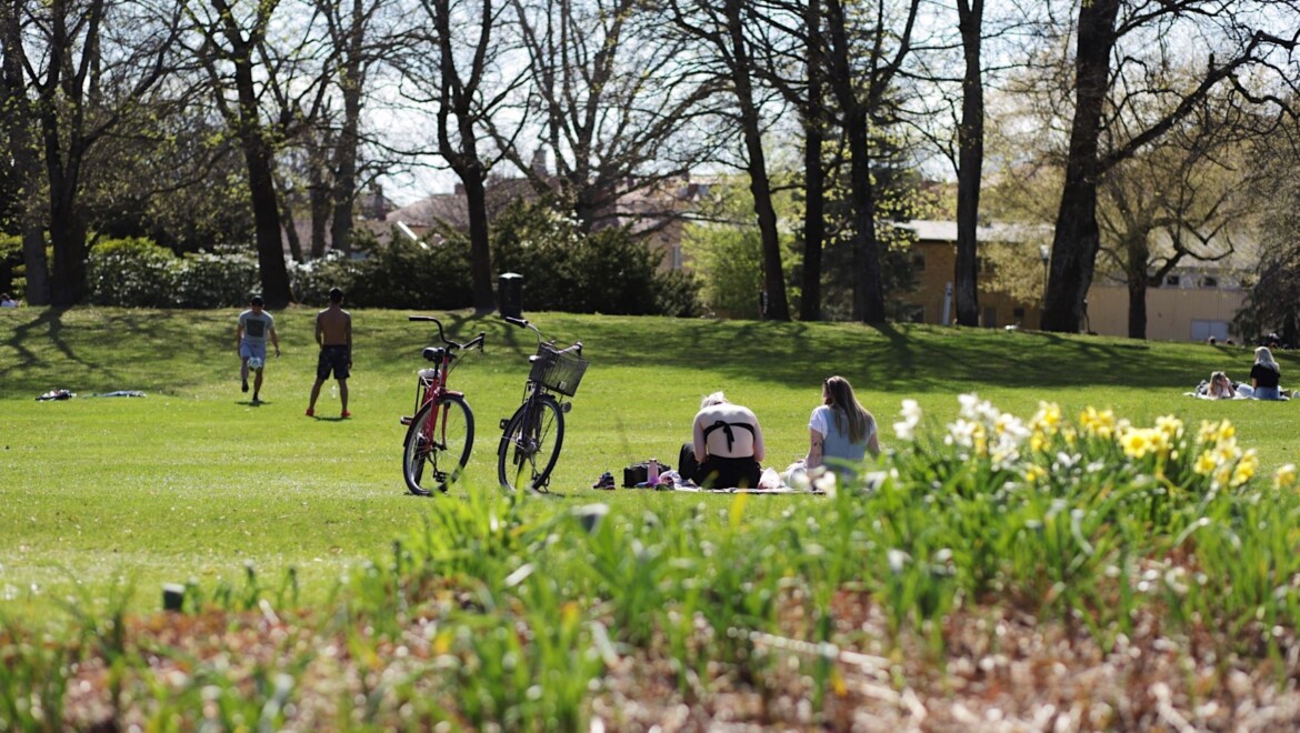 Två personer sitter på gräset och en cykel står parkerad intill.