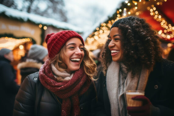 Two female friends having wonderful time on traditional Christmas market on winter evening. Beautiful girls drinking hot beverages in Christmas town decorated with lights.